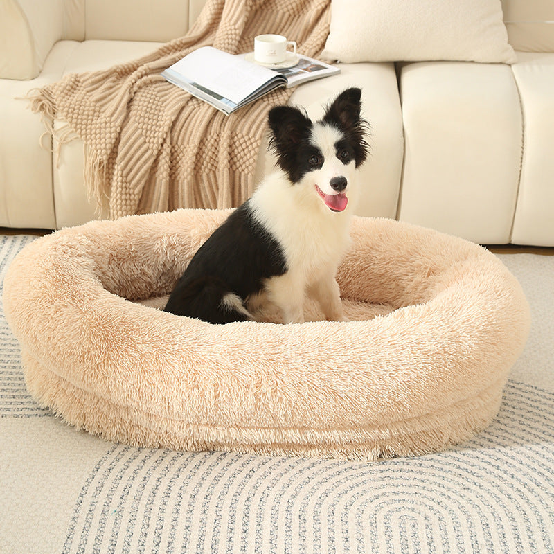 Fluffy Donut-Shaped Pet Bed- Soft, Cozy, and Anti-Anxiety for Dogs and Cats, Machine Washable Light Brown Size:M 75*55*18cm