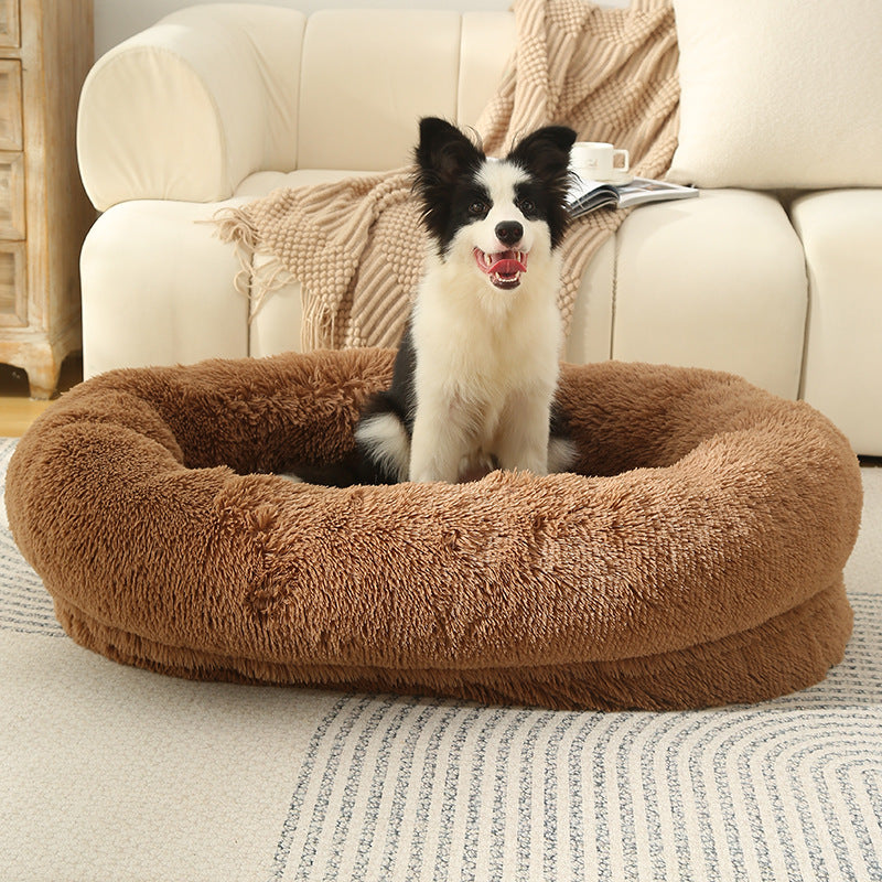 Fluffy Donut-Shaped Pet Bed- Soft, Cozy, and Anti-Anxiety for Dogs and Cats, Machine Washable khaki Size:M 75*55*18cm
