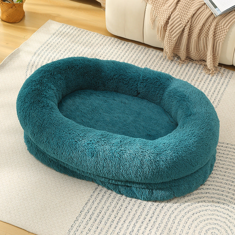 Fluffy Donut-Shaped Pet Bed- Soft, Cozy, and Anti-Anxiety for Dogs and Cats, Machine Washable cyan blue Size:M 75*55*18cm