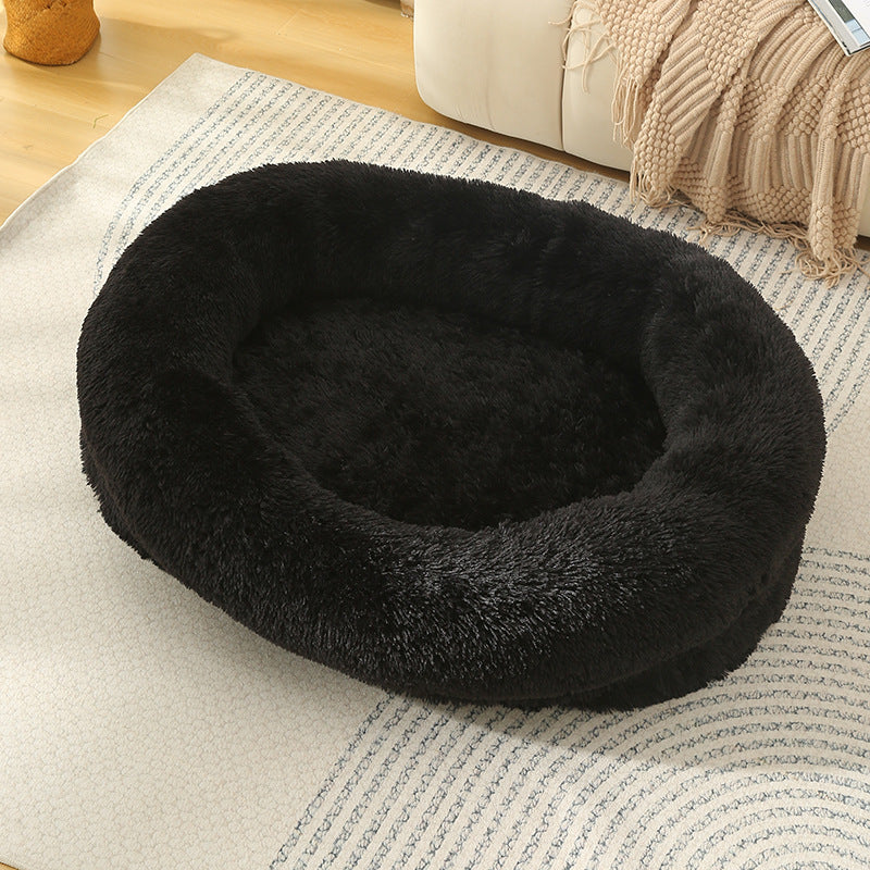 Fluffy Donut-Shaped Pet Bed- Soft, Cozy, and Anti-Anxiety for Dogs and Cats, Machine Washable Black Size:M 75*55*18cm