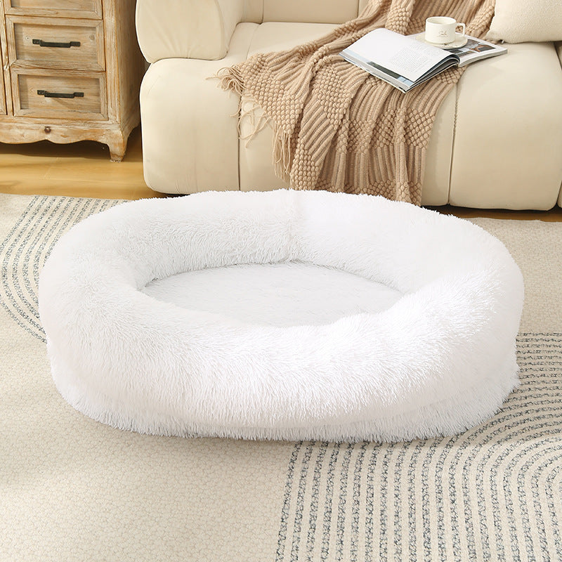 Fluffy Donut-Shaped Pet Bed- Soft, Cozy, and Anti-Anxiety for Dogs and Cats, Machine Washable White Size:L 90*65*20cm