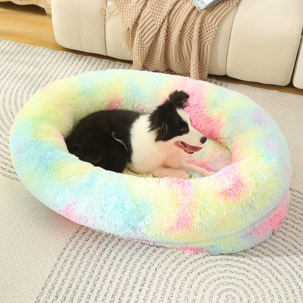 Fluffy Donut-Shaped Pet Bed- Soft, Cozy, and Anti-Anxiety for Dogs and Cats, Machine Washable Rainbow-colored Size:L 90*65*20cm