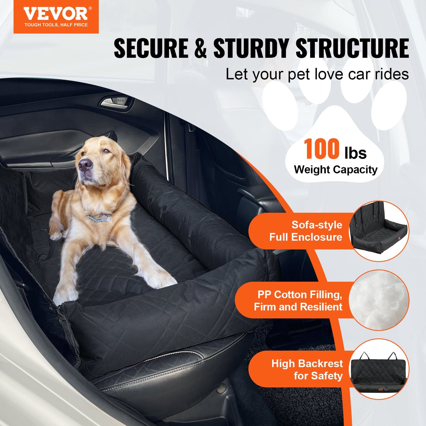 Dog Car Seat, Waterproof Dog Booster Seat for Car, Pet Car Seat with Clip-On Safety Leash, PP Cotton Filling, Dog Car Bed for Medium & Large Dog up to 45.4 kg, Black
