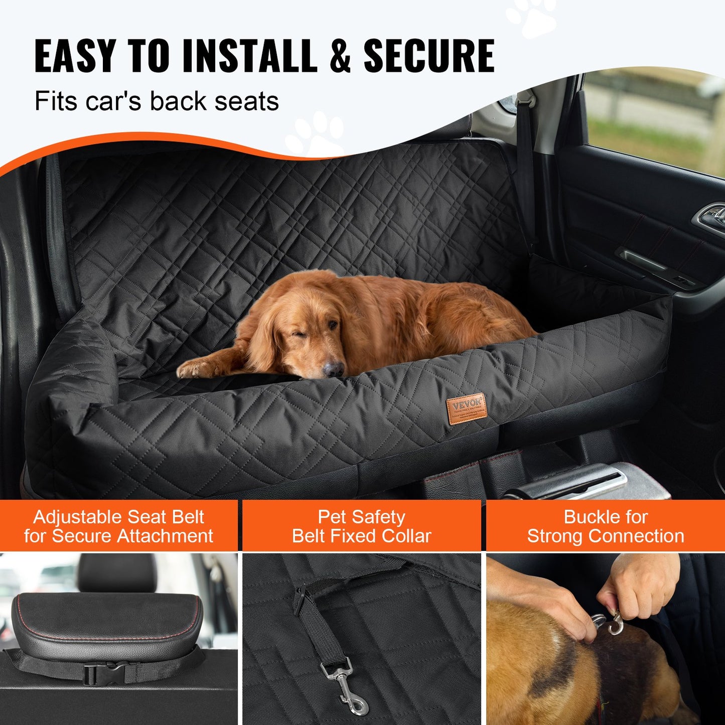 Dog Car Seat, Waterproof Dog Booster Seat for Car, Pet Car Seat with Clip-On Safety Leash, PP Cotton Filling, Dog Car Bed for Medium & Large Dog up to 45.4 kg, Black