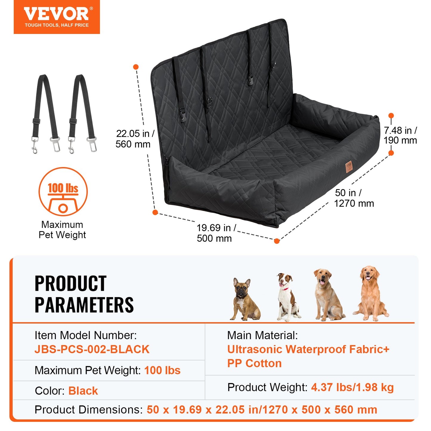 Dog Car Seat, Waterproof Dog Booster Seat for Car, Pet Car Seat with Clip-On Safety Leash, PP Cotton Filling, Dog Car Bed for Medium & Large Dog up to 45.4 kg, Black