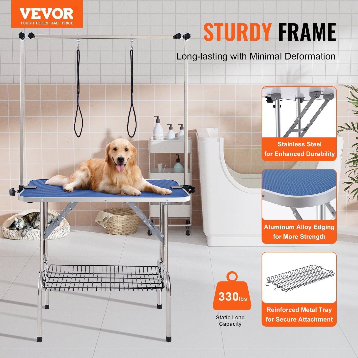 Dog Grooming Table Two Arms with Clamp, 915 x 610mm Dog Grooming Station, Foldable Pets Grooming Stand for Medium and Small Dogs, Free Two No Sit Haunch Holder with Grooming Loop, Bearing 150kg