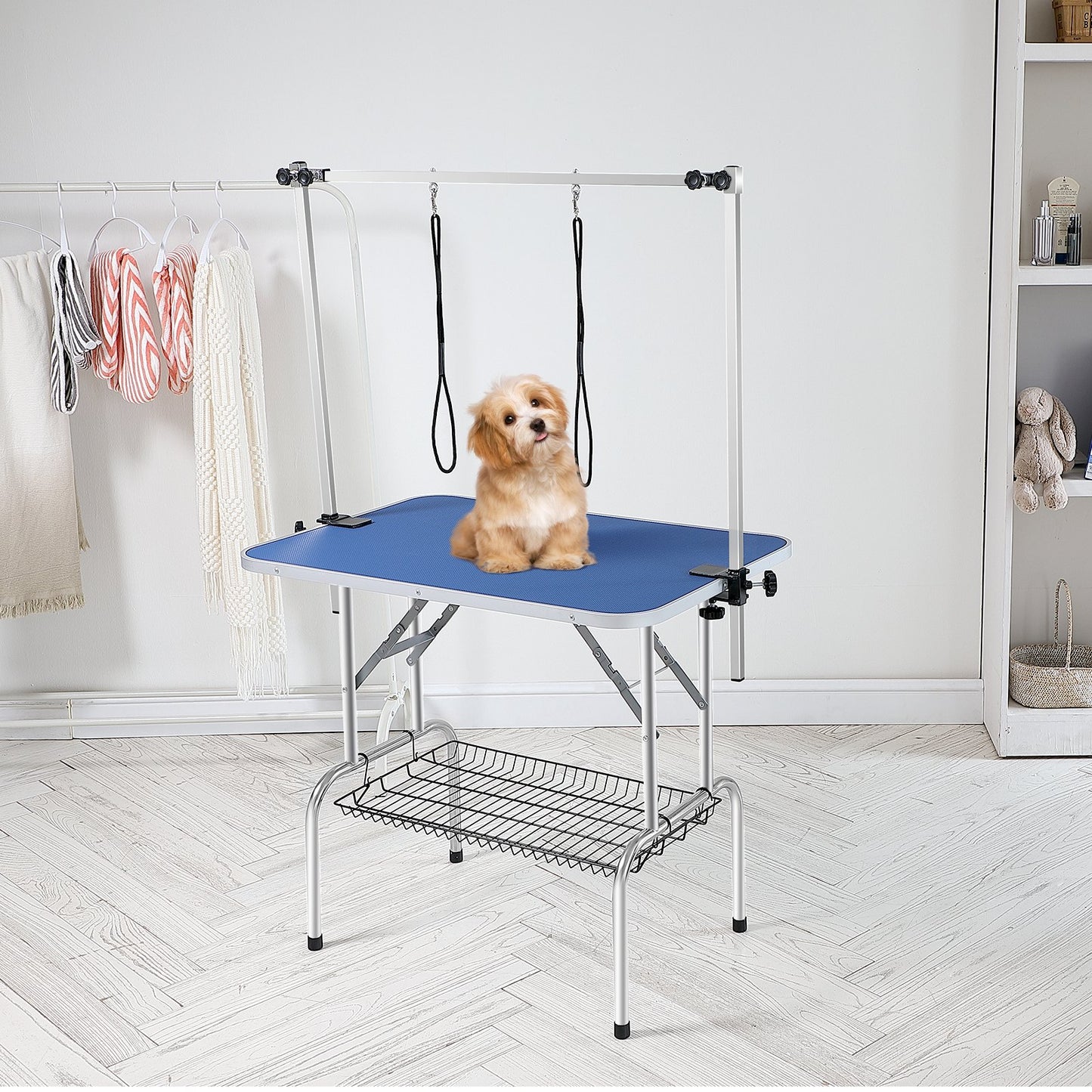 Dog Grooming Table Two Arms with Clamp, 915 x 610mm Dog Grooming Station, Foldable Pets Grooming Stand for Medium and Small Dogs, Free Two No Sit Haunch Holder with Grooming Loop, Bearing 150kg