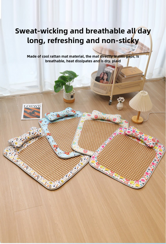 Size S Style 2 Colorful Pet Cooling Mat for Dogs and Cats - Summer Breathable Woven Rattan Bed with Sponge Cushion, Durable and Chew-Resistant