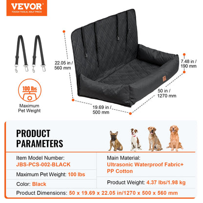 Dog Car Seat, Waterproof Dog Booster Seat for Car, Pet Car Seat with Clip-On Safety Leash, PP Cotton Filling, Dog Car Bed for Medium & Large Dog up to 45.4 kg, Black