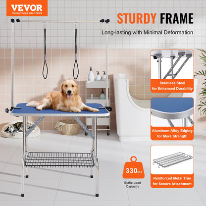 Dog Grooming Table Two Arms with Clamp, 915 x 610mm Dog Grooming Station, Foldable Pets Grooming Stand for Medium and Small Dogs, Free Two No Sit Haunch Holder with Grooming Loop, Bearing 150kg